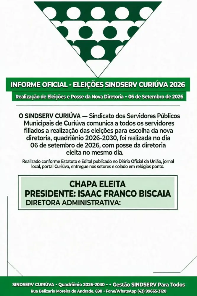 Sindserv Curiúva confirma eleição de nova diretoria para o quadriênio 2026-2030